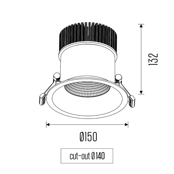 Technical drawing of the Cimbri downlight luminaire, showing detailed dimensions and design specifications.