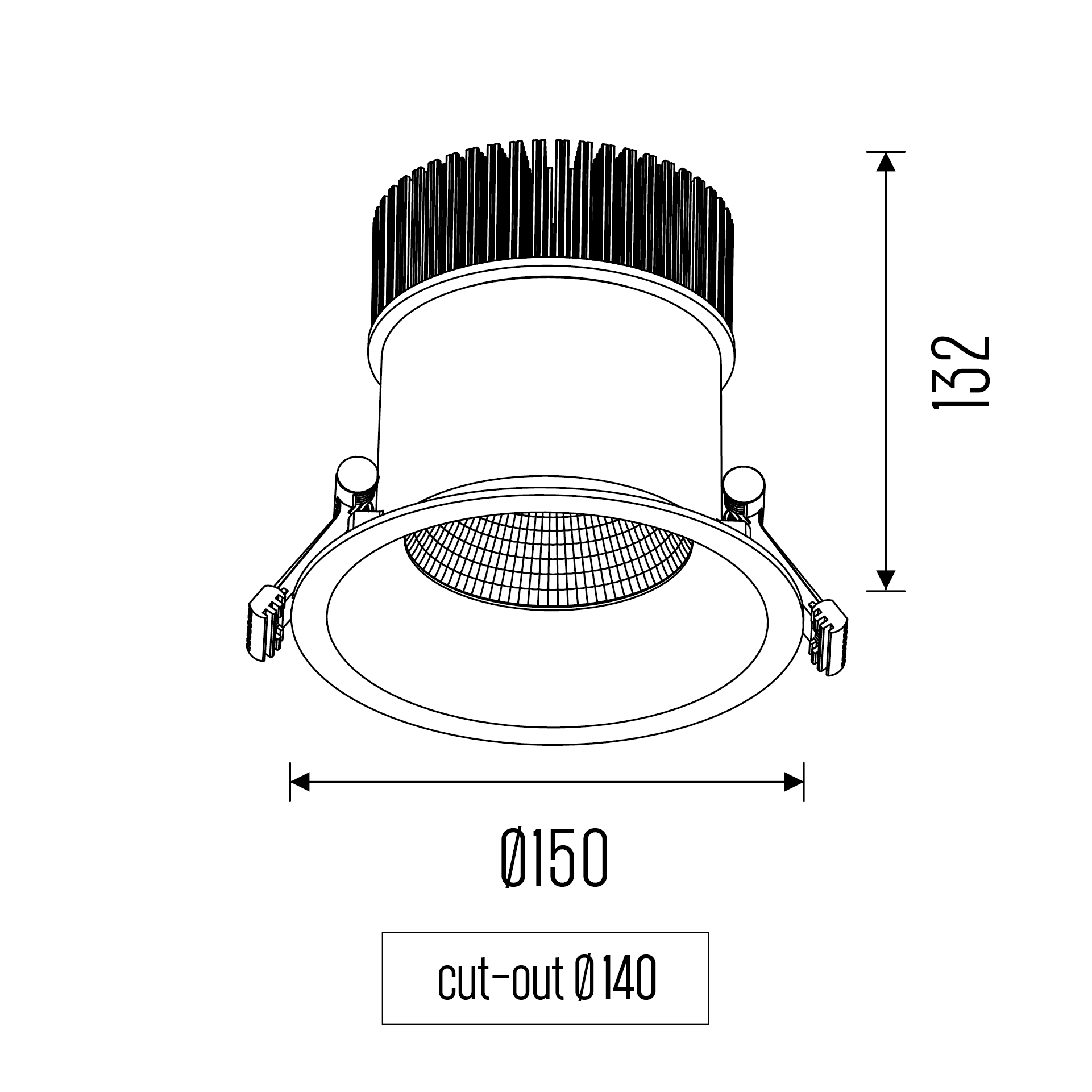 Technical drawing of the Cimbri downlight luminaire, showing detailed dimensions and design specifications.