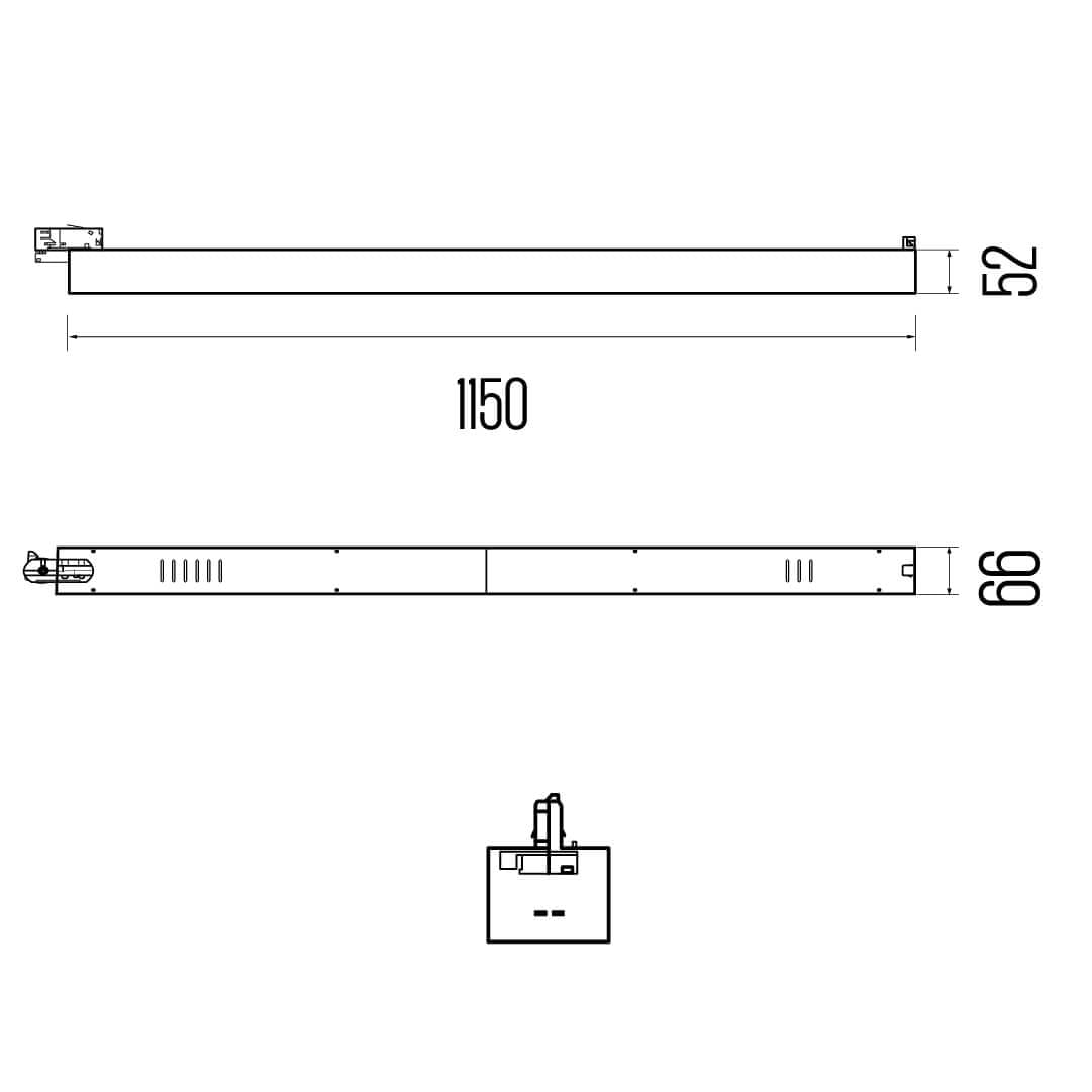 Technical drawing of the Forsite 1150 TR linear track luminaire, showing detailed dimensions and design specifications.