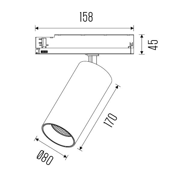 Technical drawing of the Huginn R track luminaire, showing detailed dimensions and design specifications.