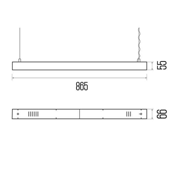 FORSITE_865_PE_drawing Technical drawing of the Forsite 865 PE linear suspended luminaire, showing detailed dimensions and design specifications.