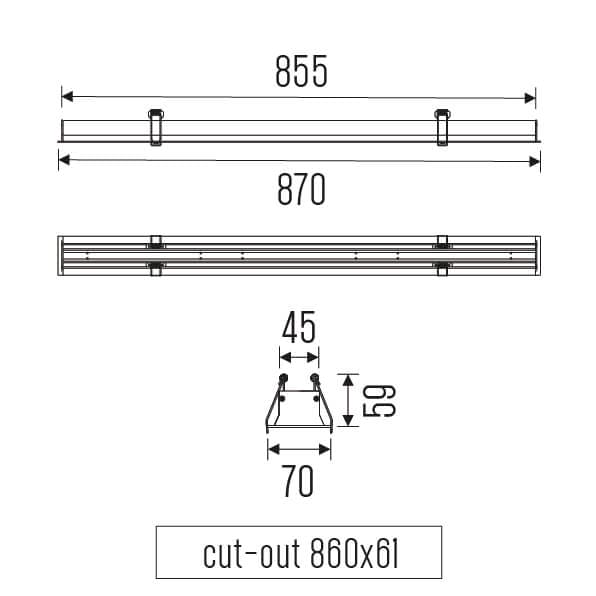 Irmin_870_REC_HE_drawing Technical drawing of the Irmin 870 REC HE liniar recessed luminaire, showing detailed dimensions and design specifications.