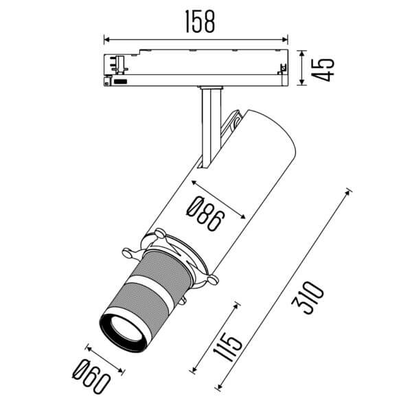Technical drawing of the Vali track luminaire, showing detailed dimensions and design specifications.