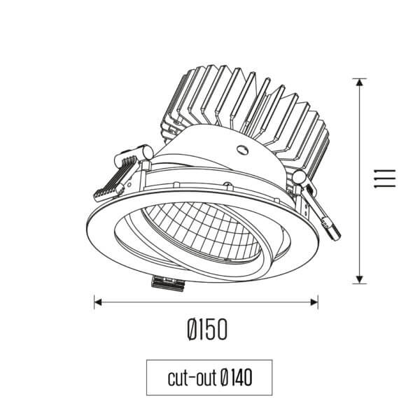 Technical drawing of the Fulla S HE recessed adjustable luminaire, showing detailed dimensions and design specifications.