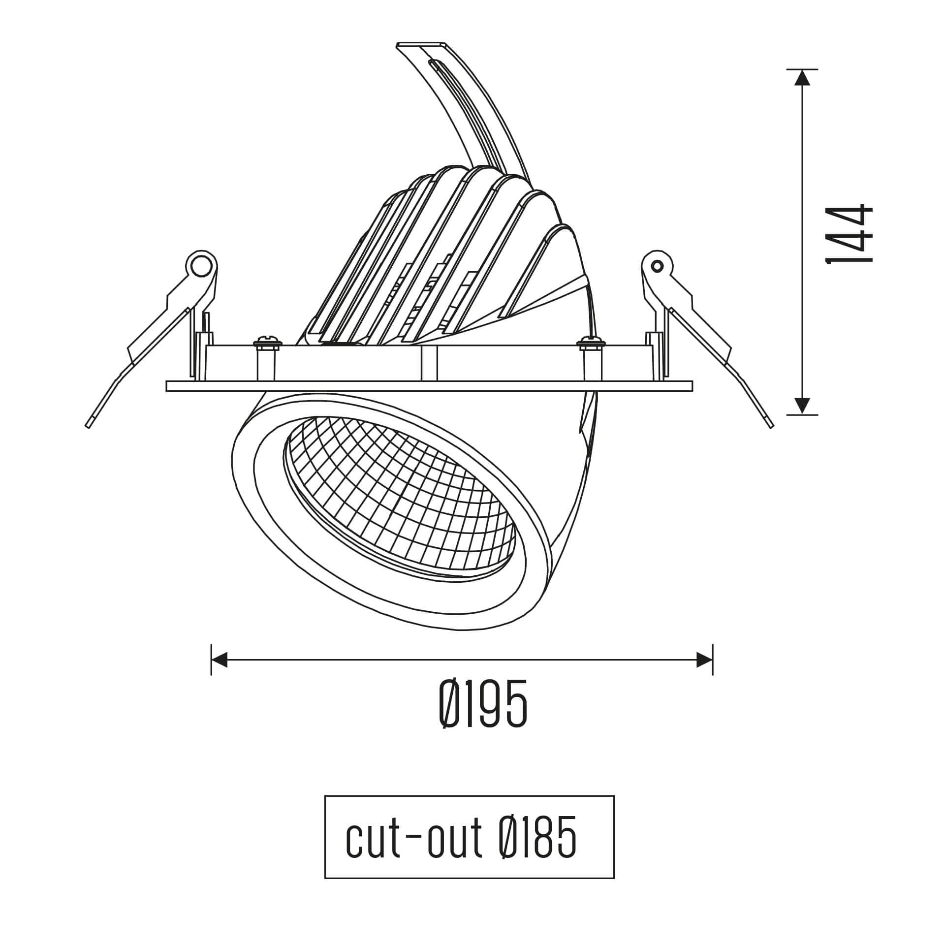 Technical drawing of the Sana L HE recessed luminaire, showing detailed dimensions and design specifications.