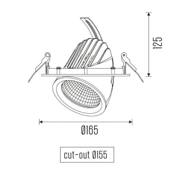 Technical drawing of the Sana M HE recessed luminaire, showing detailed dimensions and design specifications.