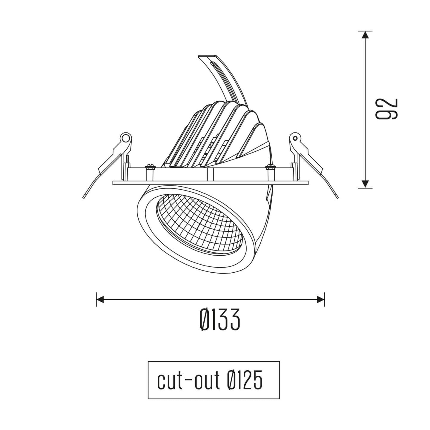 Technical drawing of the Sana S HE recessed luminaire, showing detailed dimensions and design specifications.