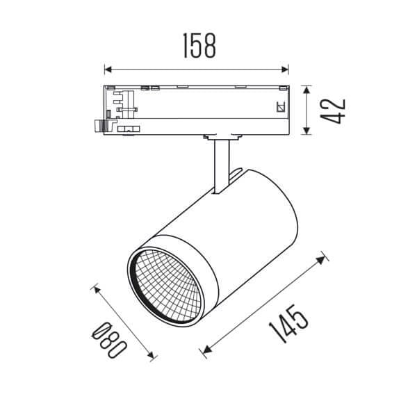 Technical drawing of the Weda HE X-Flip track luminaire, showing detailed dimensions and design specifications.