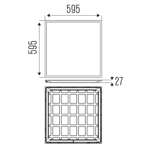 Technical drawing of the Challenge 60x60 II LED panel showing detailed dimensions and design specifications.