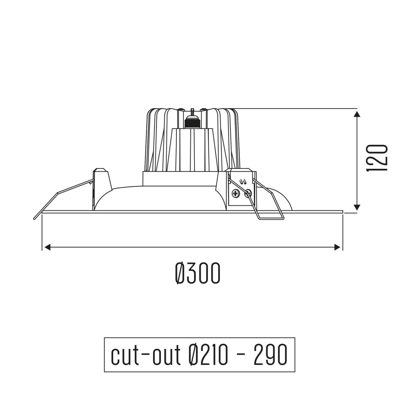 Technical drawing of the Donar L HE X-Flip recessed fixed luminaire, showing detailed dimensions and design specifications.