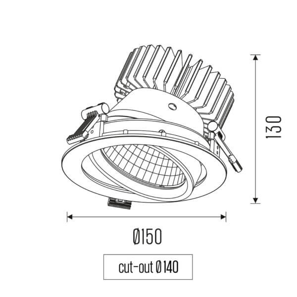 Technical drawing of the Fulla S HE X-Flip recessed adjustable luminaire, showing detailed dimensions and design specifications.