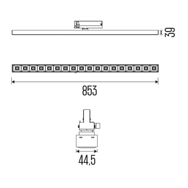 Technical drawing of the Irmin TR HE Louvre liniar track luminaire, showing detailed dimensions and design specifications.