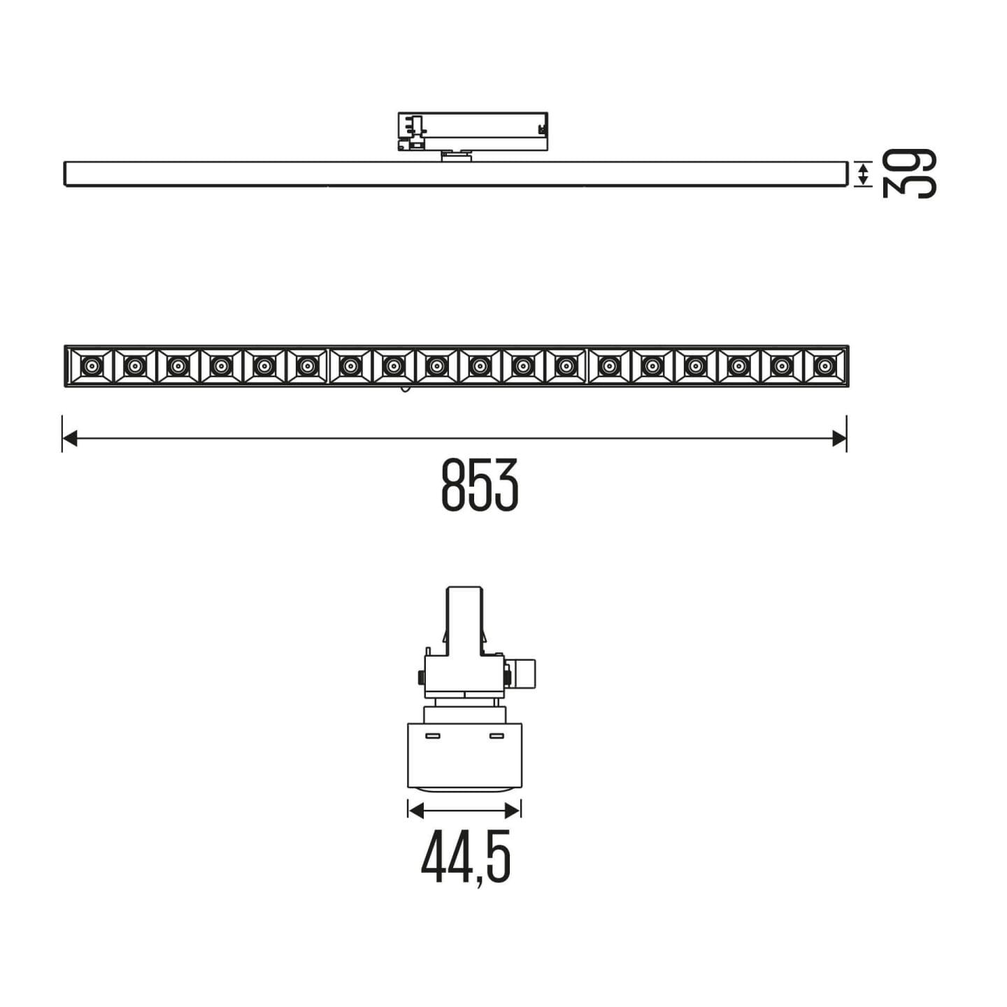 Technical drawing of the Irmin TR HE Louvre liniar track luminaire, showing detailed dimensions and design specifications.