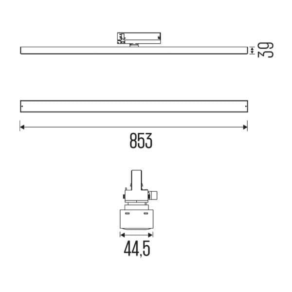 Technical drawing of the Irmin TR HE Opal liniar track luminaire, showing detailed dimensions and design specifications.