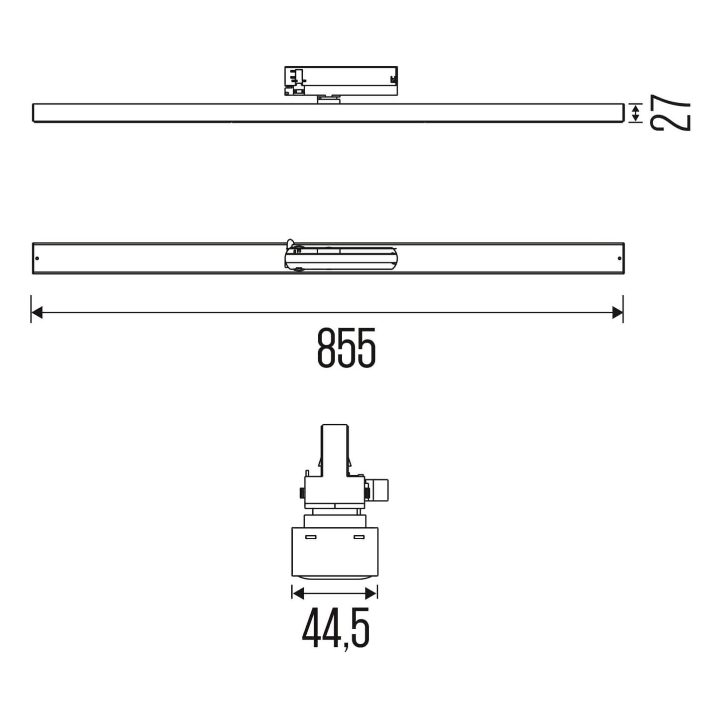 Technical drawing of the Irmin TR HE liniar track luminaire, showing detailed dimensions and design specifications.