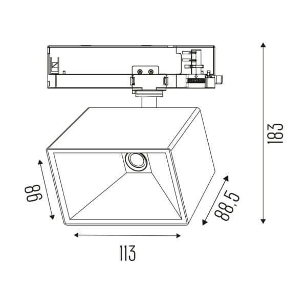 Technical drawing of the Bragi HE trackspot, showing detailed dimensions and design specifications.