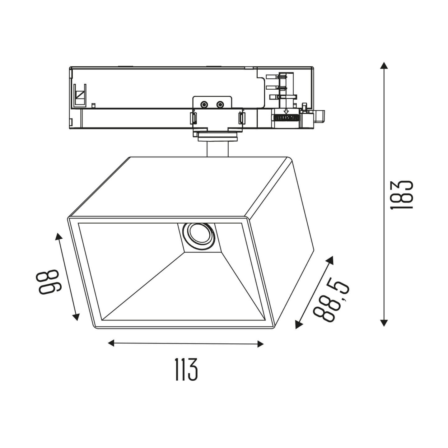 Technical drawing of the Bragi HE trackspot, showing detailed dimensions and design specifications.