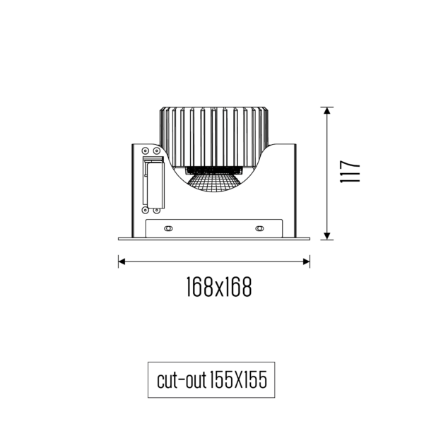 Technical drawing of the Cardan S one downlight luminaire, showing detailed dimensions and design specifications.