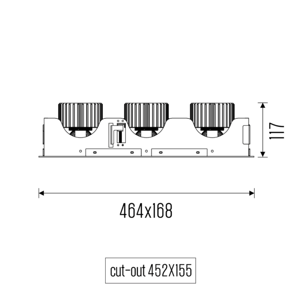 Technical drawing of the Cardan XS Three downlight luminaire, showing detailed dimensions and design specifications.