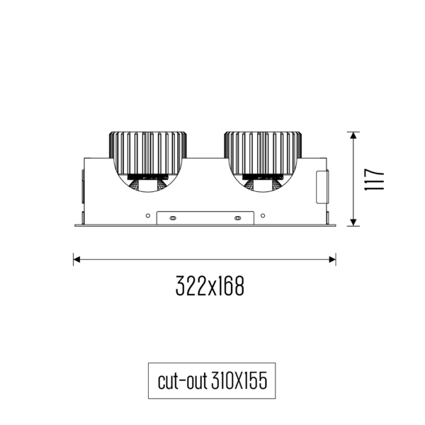 Technical drawing of the Cardan S Two downlight luminaire, showing detailed dimensions and design specifications.