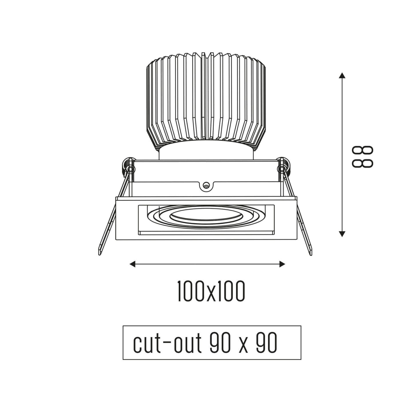 Technical drawing of the Cardan XS One HE downlight luminaire, showing detailed dimensions and design specifications.