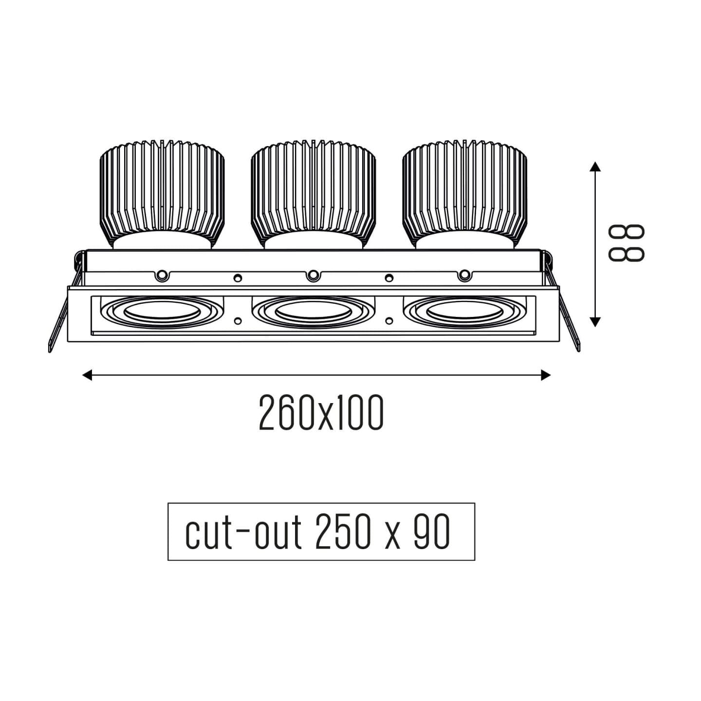 Technical drawing of the Cardan XS Three HE downlight luminaire, showing detailed dimensions and design specifications.