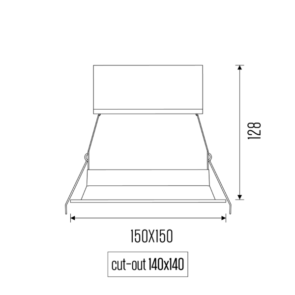 Technical drawing of the Fenrir L recessed luminaire, showing detailed dimensions and design specifications.