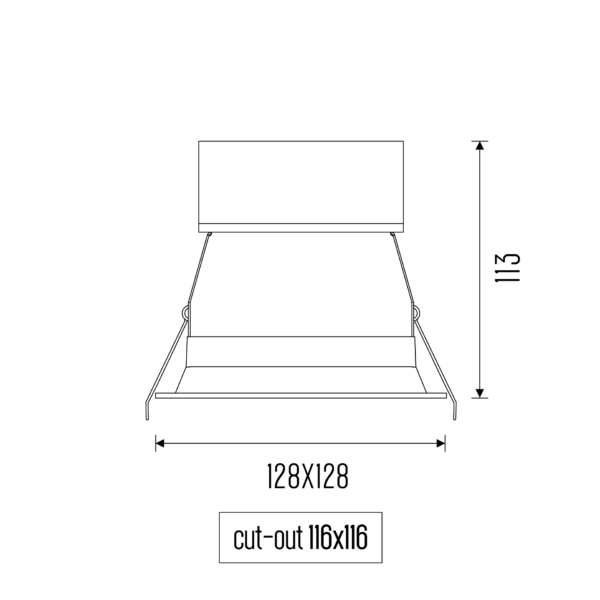 Technical drawing of the Fenrir S recessed luminaire, showing detailed dimensions and design specifications.