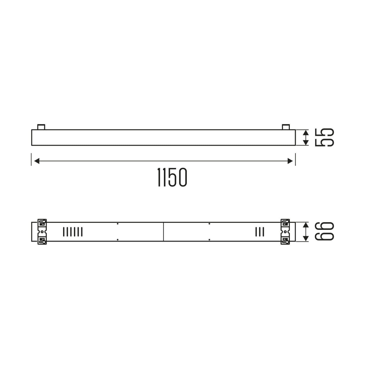 Forsite_1150_SM_drawing Technical drawing of the Forsite 1150 SM linear surface-mounted luminaire, showing detailed dimensions and design specifications.
