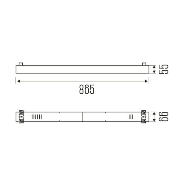 Technical drawing of the Forsite 865SM linear surface-mounted luminaire, showing detailed dimensions and design specifications.