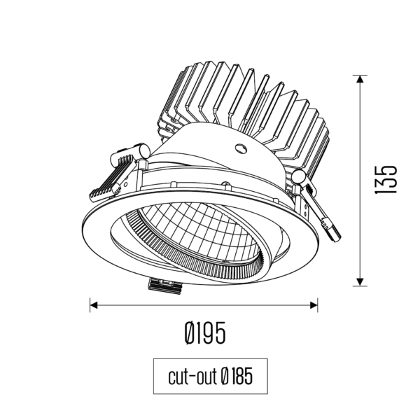 Technical drawing of the Fulla L recessed adjustable luminaire, showing detailed dimensions and design specifications.