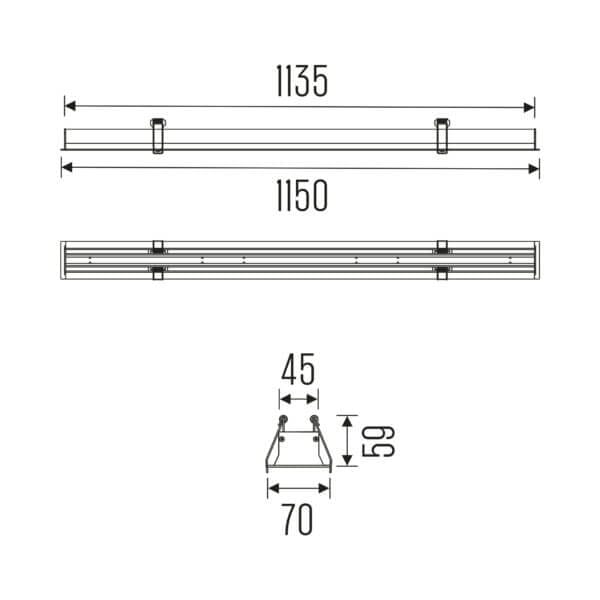 Technical drawing of the Irmin 1150 REC HE liniar recessed luminaire, showing detailed dimensions and design specifications.