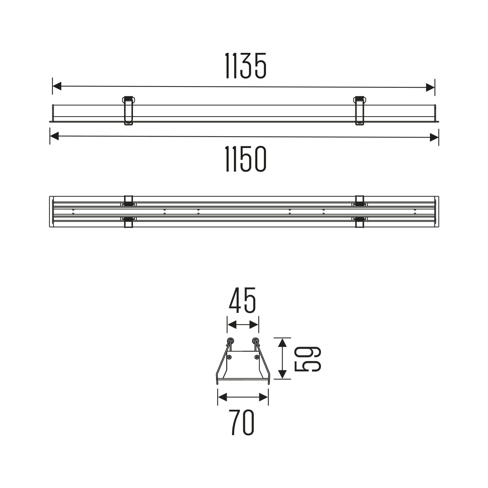 Technical drawing of the Irmin 1150 REC HE liniar recessed luminaire, showing detailed dimensions and design specifications.