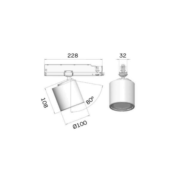 Technical drawing of the Lival GA-016 Cafeteria track luminaire, showing detailed dimensions and design specifications.