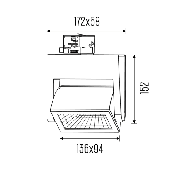 Technical drawing of the Nanna S TR track luminaire, showing detailed dimensions and design specifications.
