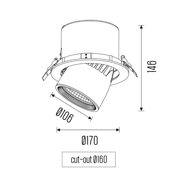 Nimrod_Drawing_new Technical drawing of the Nimrod recessed luminaire, showing detailed dimensions and design specifications.
