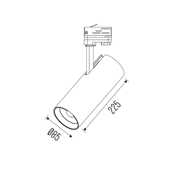 Technical drawing of the Tube L track luminaire, showing detailed dimensions and design specifications.