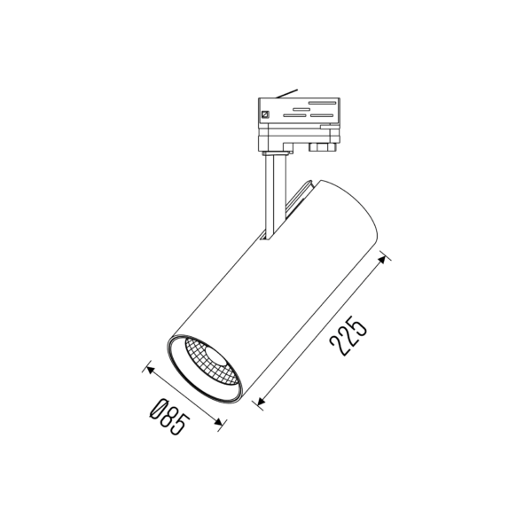 Technical drawing of the Tube R track luminaire, showing detailed dimensions and design specifications.