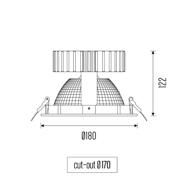 Technical drawing of the World 180 downlight luminaire, showing detailed dimensions and design specifications.