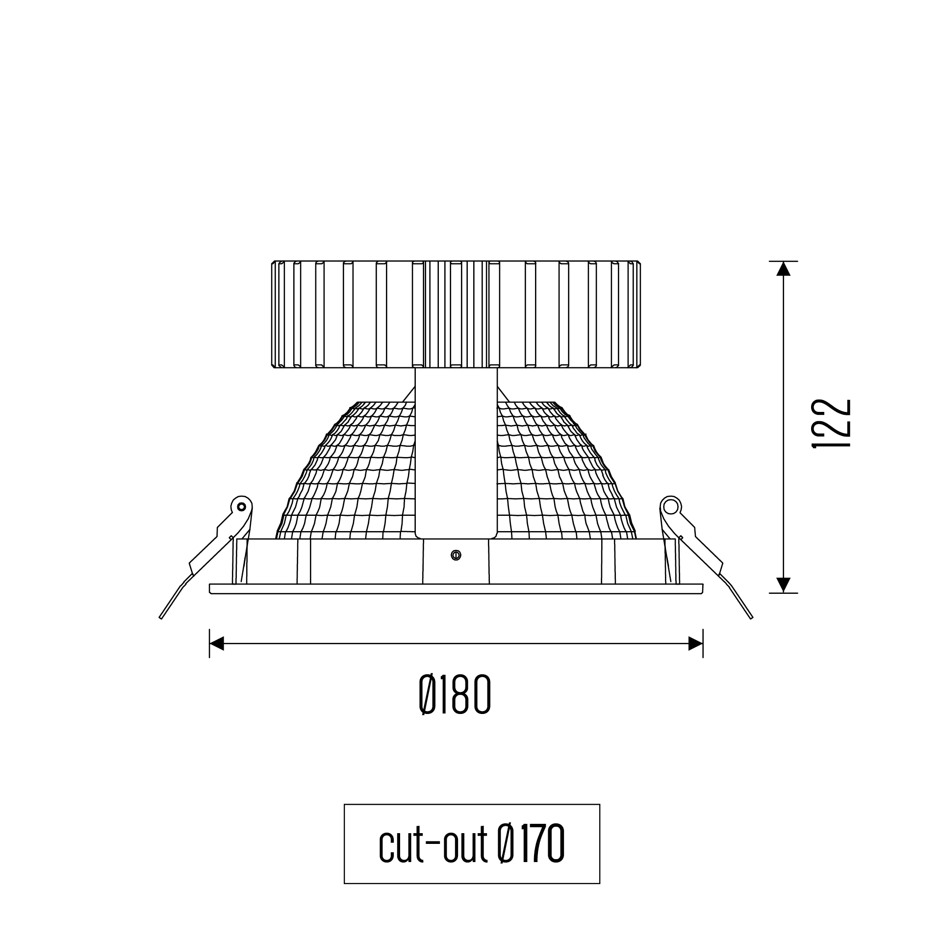 Technical drawing of the World 180 downlight luminaire, showing detailed dimensions and design specifications.