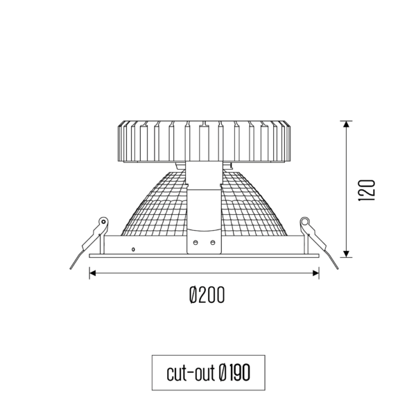 Technische tekening van de downlightarmatuur World 200, met gedetailleerde afmetingen en ontwerpspecificaties.