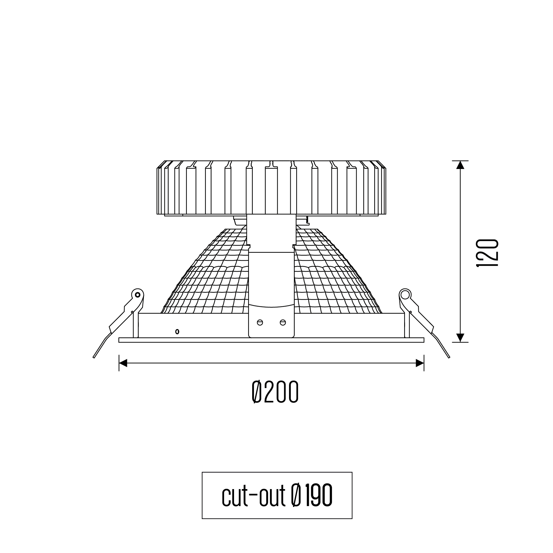 Technical drawing of the World 200 downlight luminaire, showing detailed dimensions and design specifications.