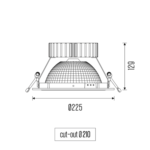 Technical drawing of the World 225 downlight luminaire, showing detailed dimensions and design specifications.