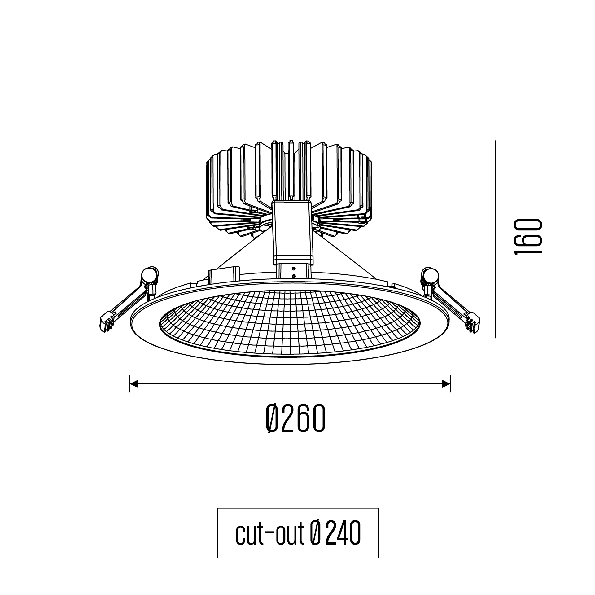 World_260_Drawing_new Technical drawing of the World 260 downlight luminaire, showing detailed dimensions and design specifications.
