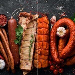 Cooked meat display with enhanced lighting